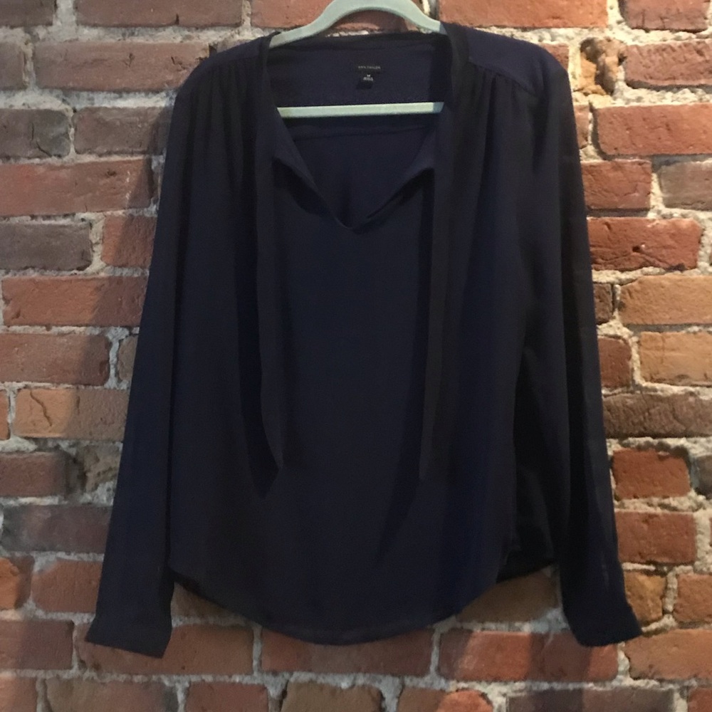 Ann Taylor Navy Sheer Tie Blouse